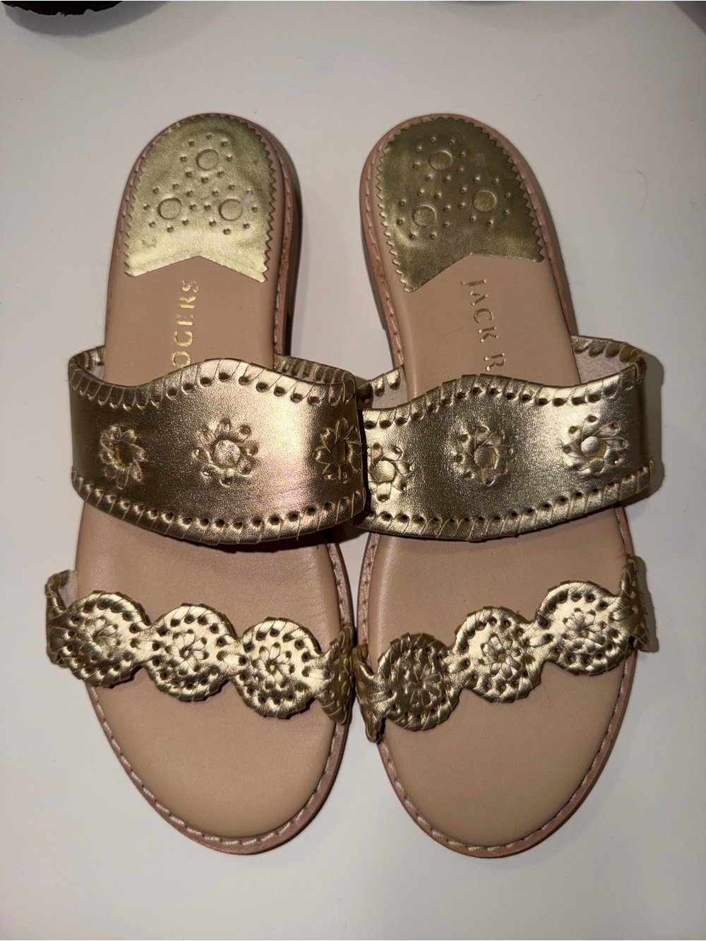Jack Rogers Metallic Gold Two-Band Embossed Slide Sandals